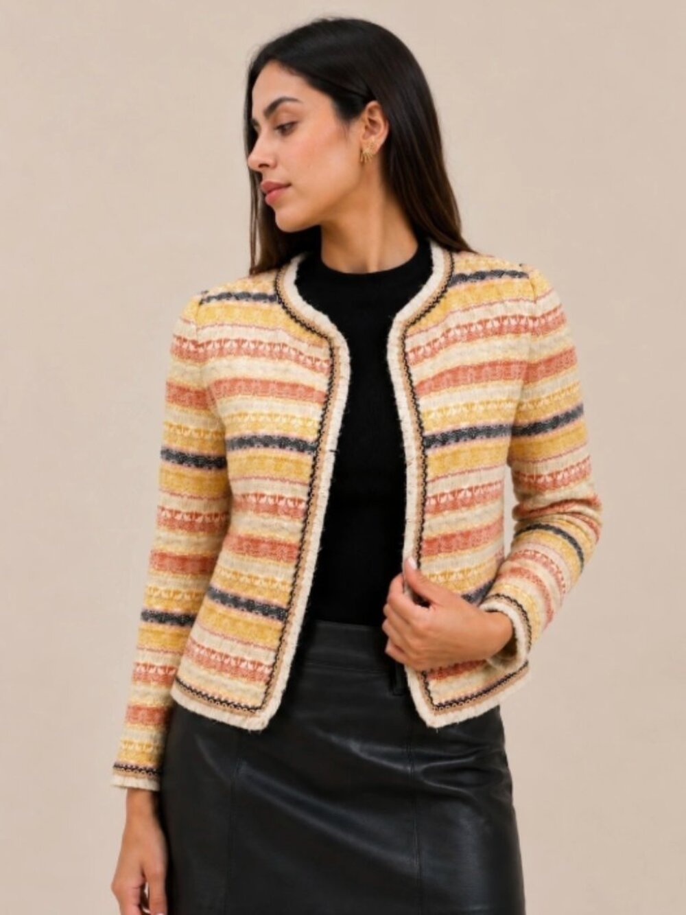 Zara | EUC Fringe-Trim Striped Cardigan in Rust/Mustard Size XS